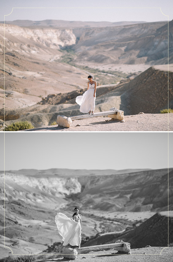 כלה בשמלה לבנה על רקע המדבר הצחיח. צילום: בן קלמר.